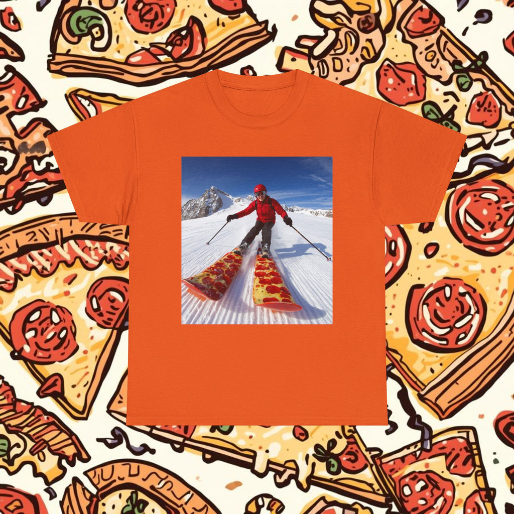 Pizza!!! Skiing Graphic Tee — Funny Pizza Skis Skiing T-Shirt