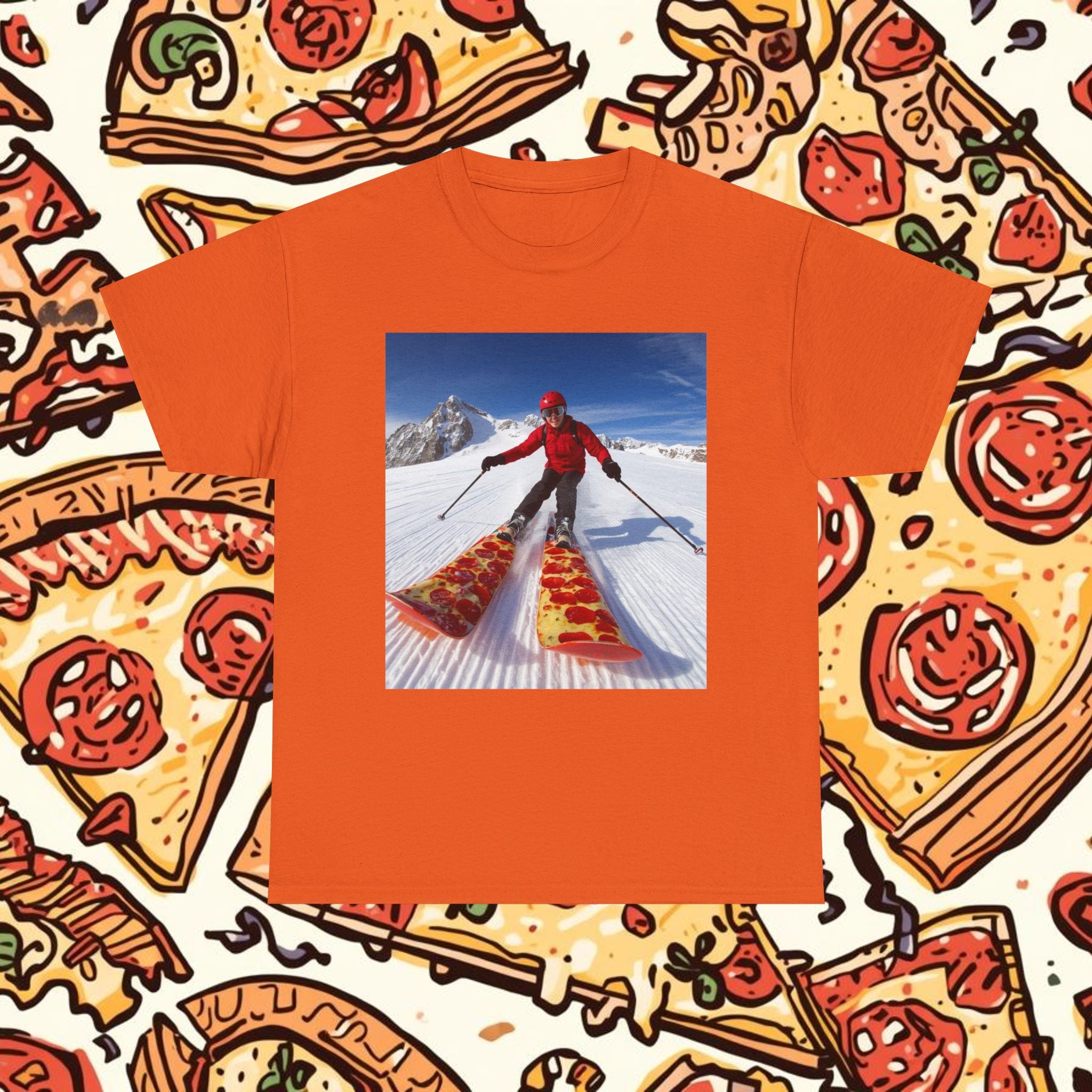 Pizza!!! Skiing Graphic Tee — Funny Pizza Skis Skiing T-Shirt