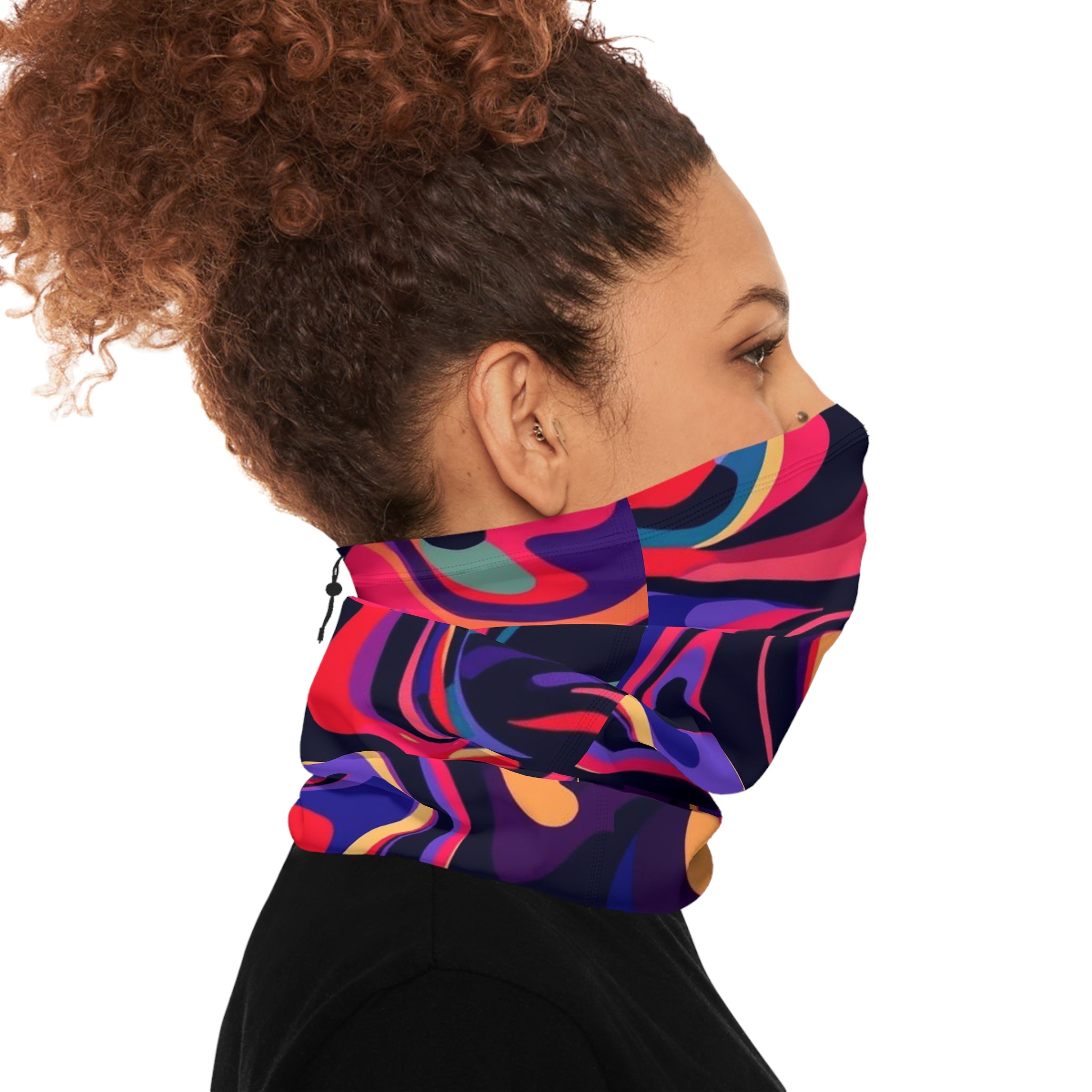 Colorful Swirl Winter Neck Gaiter with Drawstring — Retro Psychedelic Face Mask Scarf