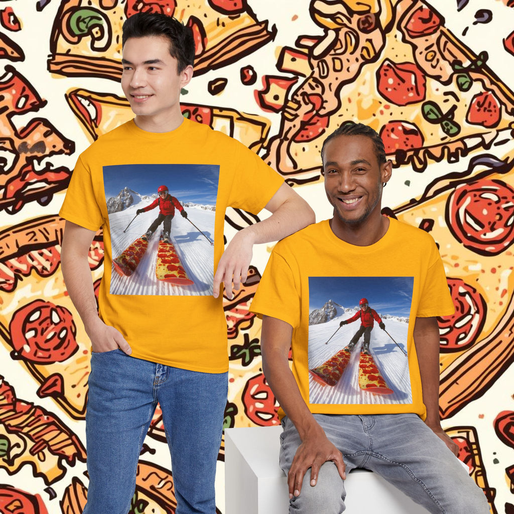Pizza!!! Skiing Graphic Tee — Funny Pizza Skis Skiing T-Shirt