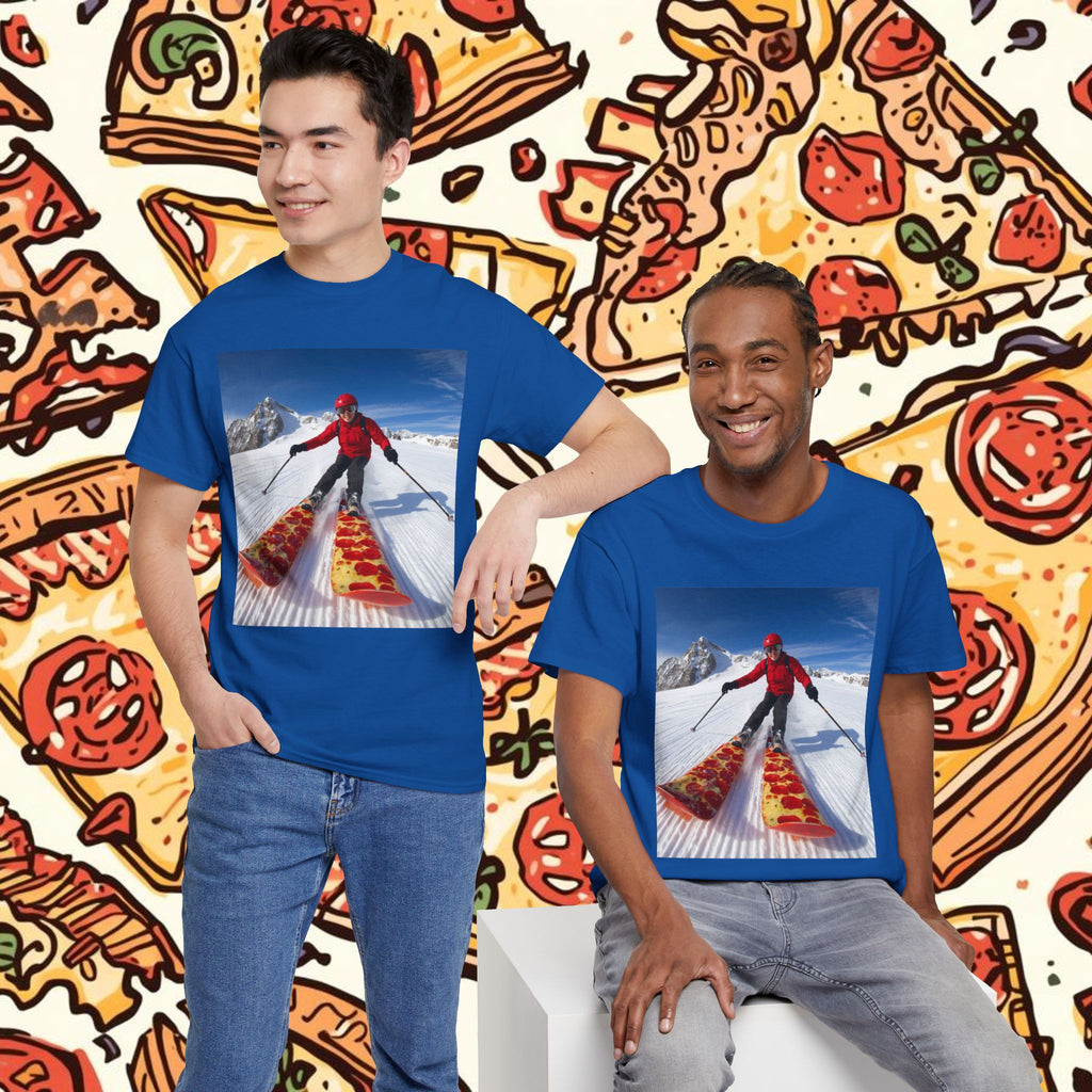 Pizza!!! Skiing Graphic Tee — Funny Pizza Skis Skiing T-Shirt
