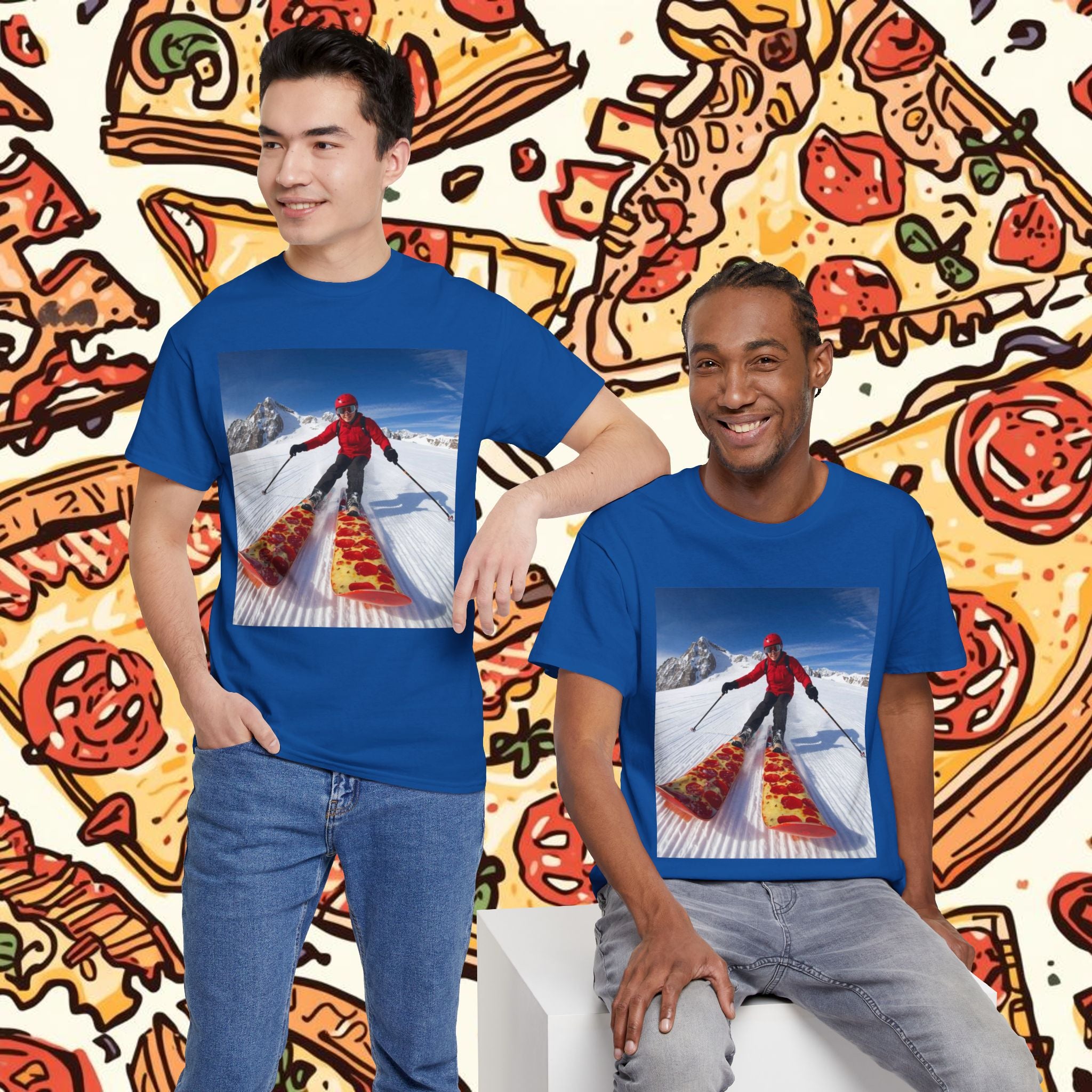Pizza!!! Skiing Graphic Tee — Funny Pizza Skis Skiing T-Shirt