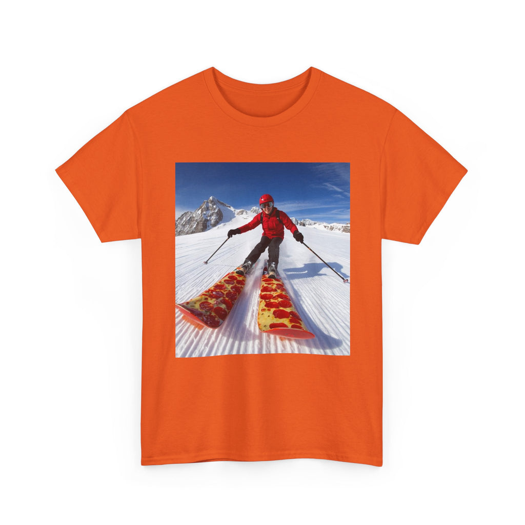 Pizza!!! Skiing Graphic Tee — Funny Pizza Skis Skiing T-Shirt