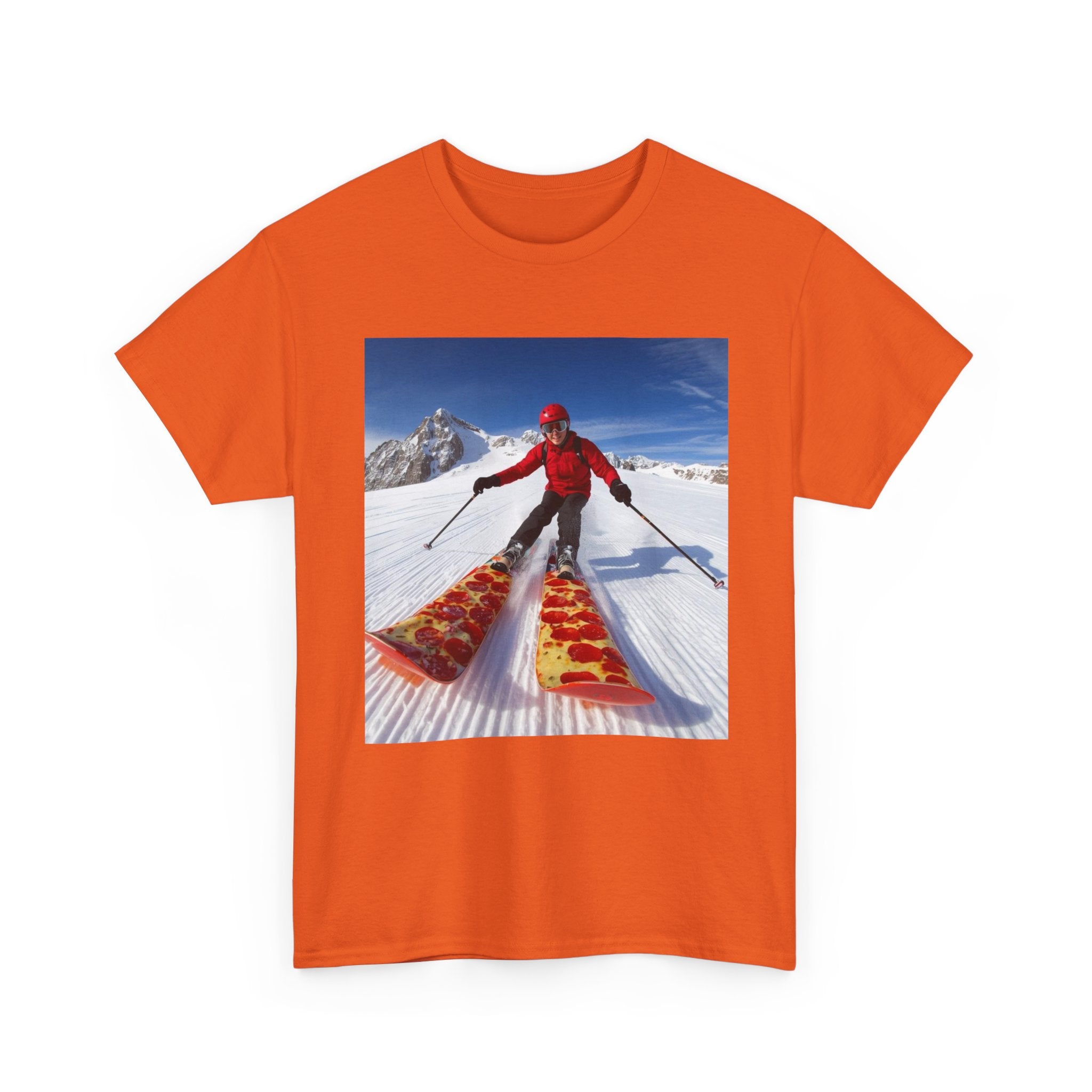 Pizza!!! Skiing Graphic Tee — Funny Pizza Skis Skiing T-Shirt