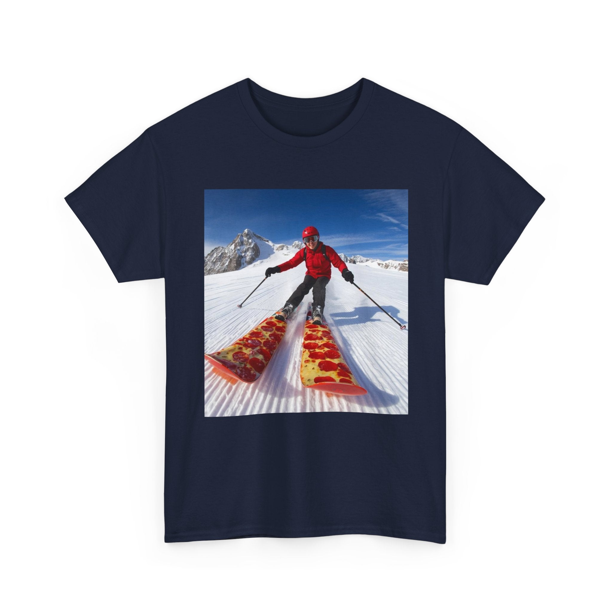 Pizza!!! Skiing Graphic Tee — Funny Pizza Skis Skiing T-Shirt