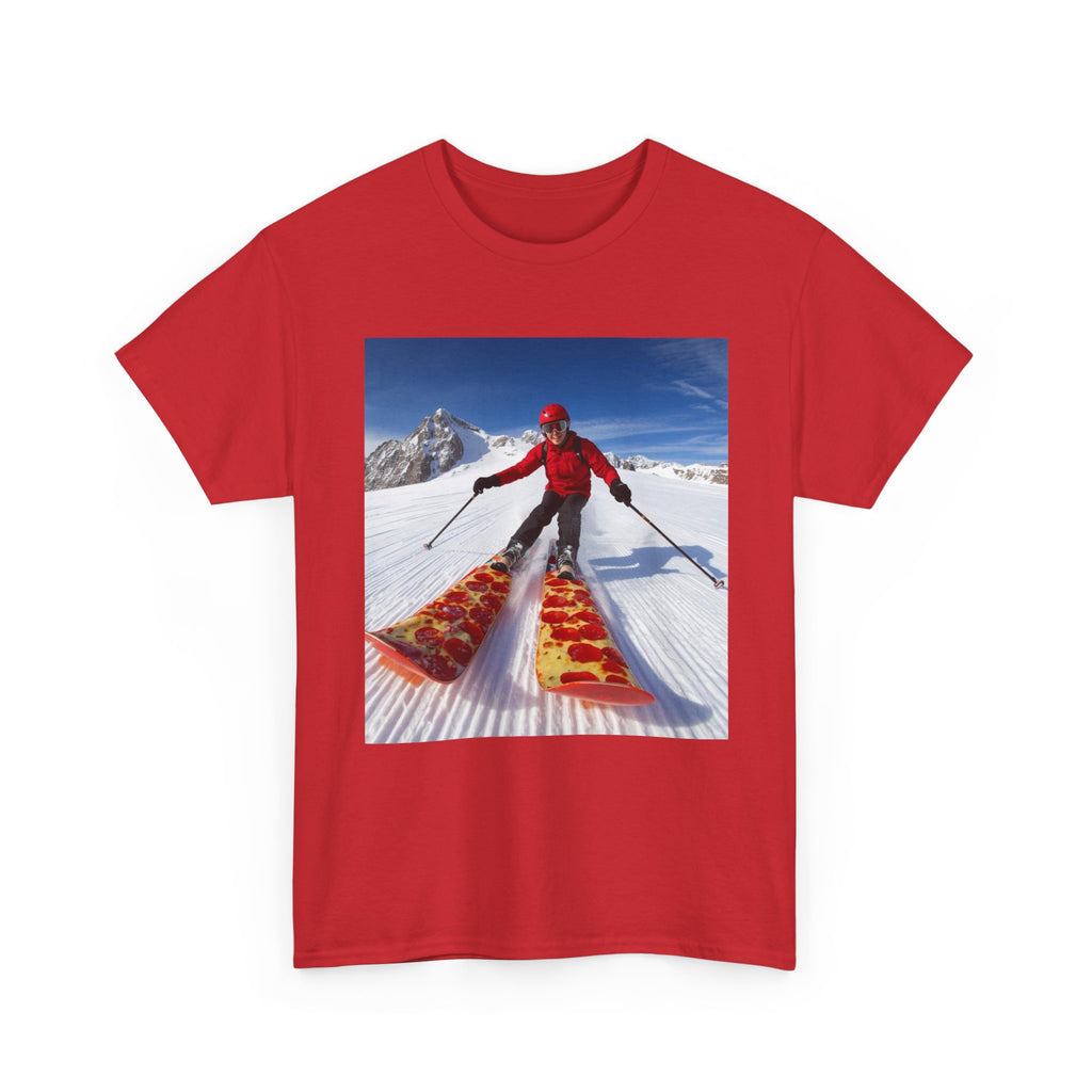 Pizza!!! Skiing Graphic Tee — Funny Pizza Skis Skiing T-Shirt