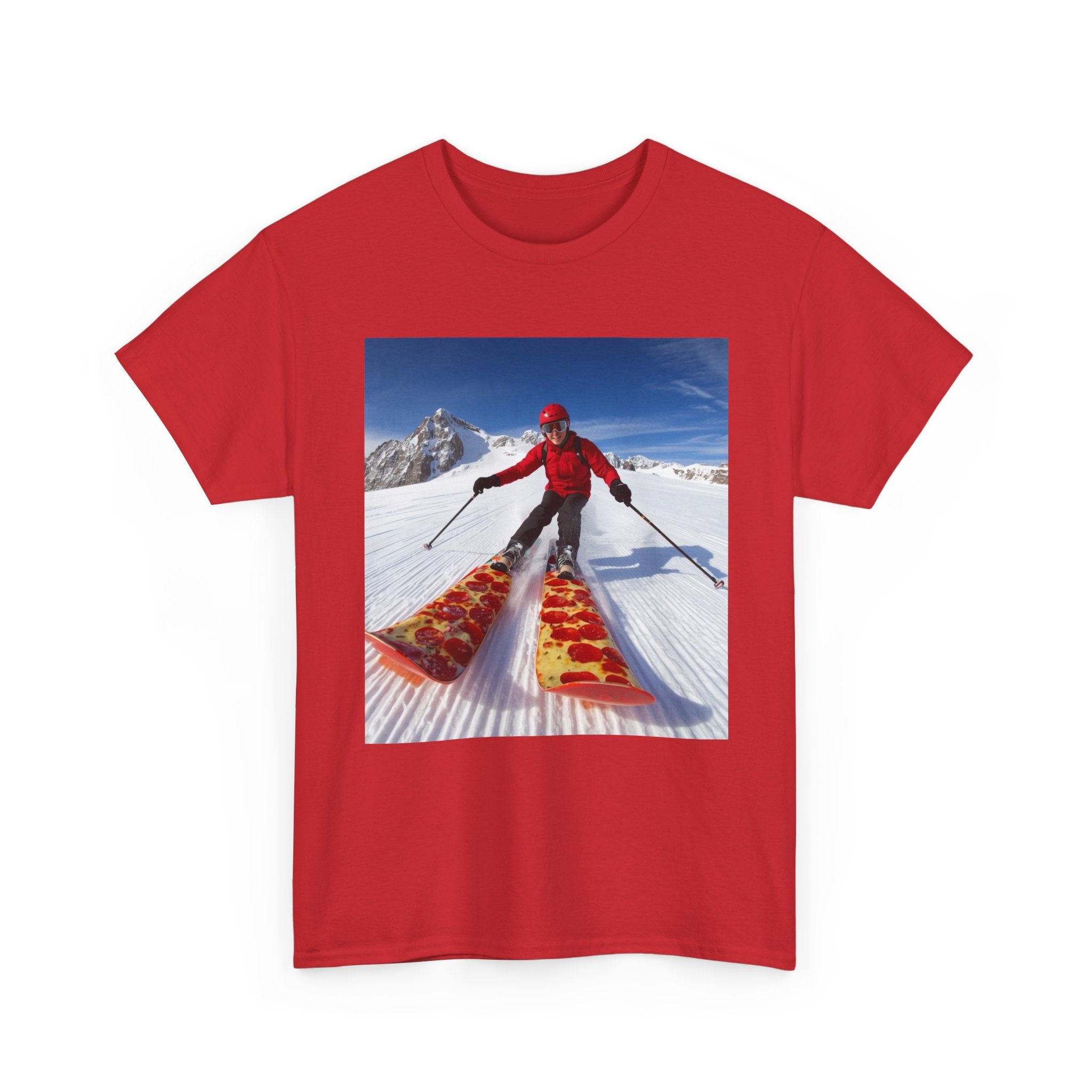 Pizza!!! Skiing Graphic Tee — Funny Pizza Skis Skiing T-Shirt