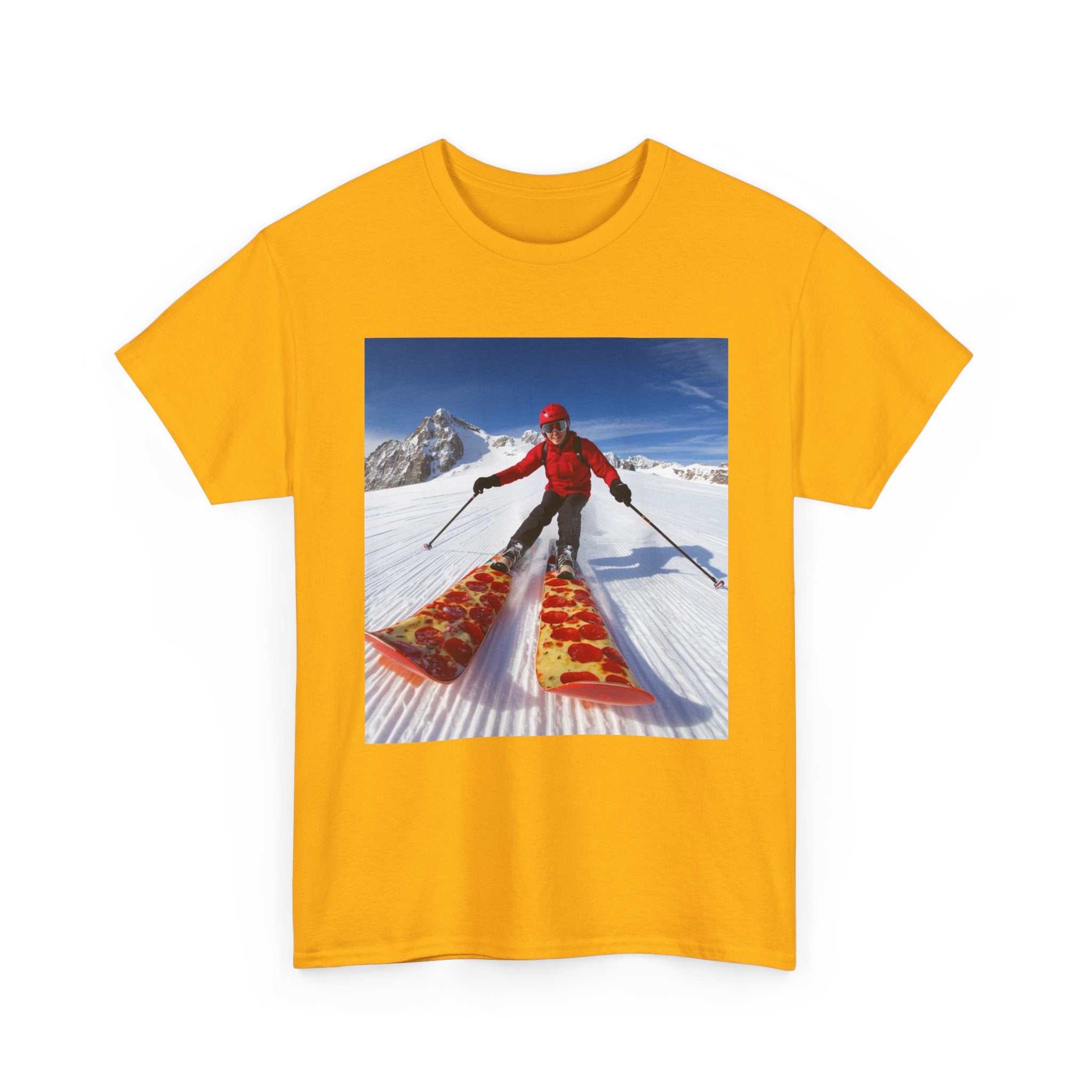Pizza!!! Skiing Graphic Tee — Funny Pizza Skis Skiing T-Shirt