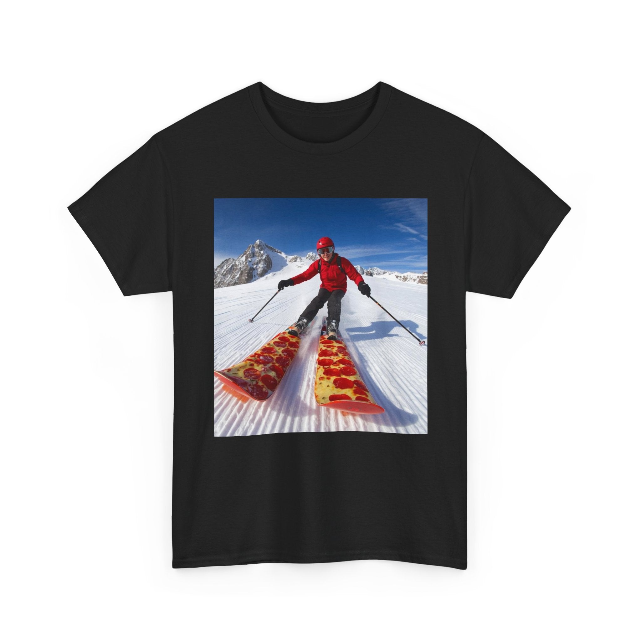 Pizza!!! Skiing Graphic Tee — Funny Pizza Skis Skiing T-Shirt