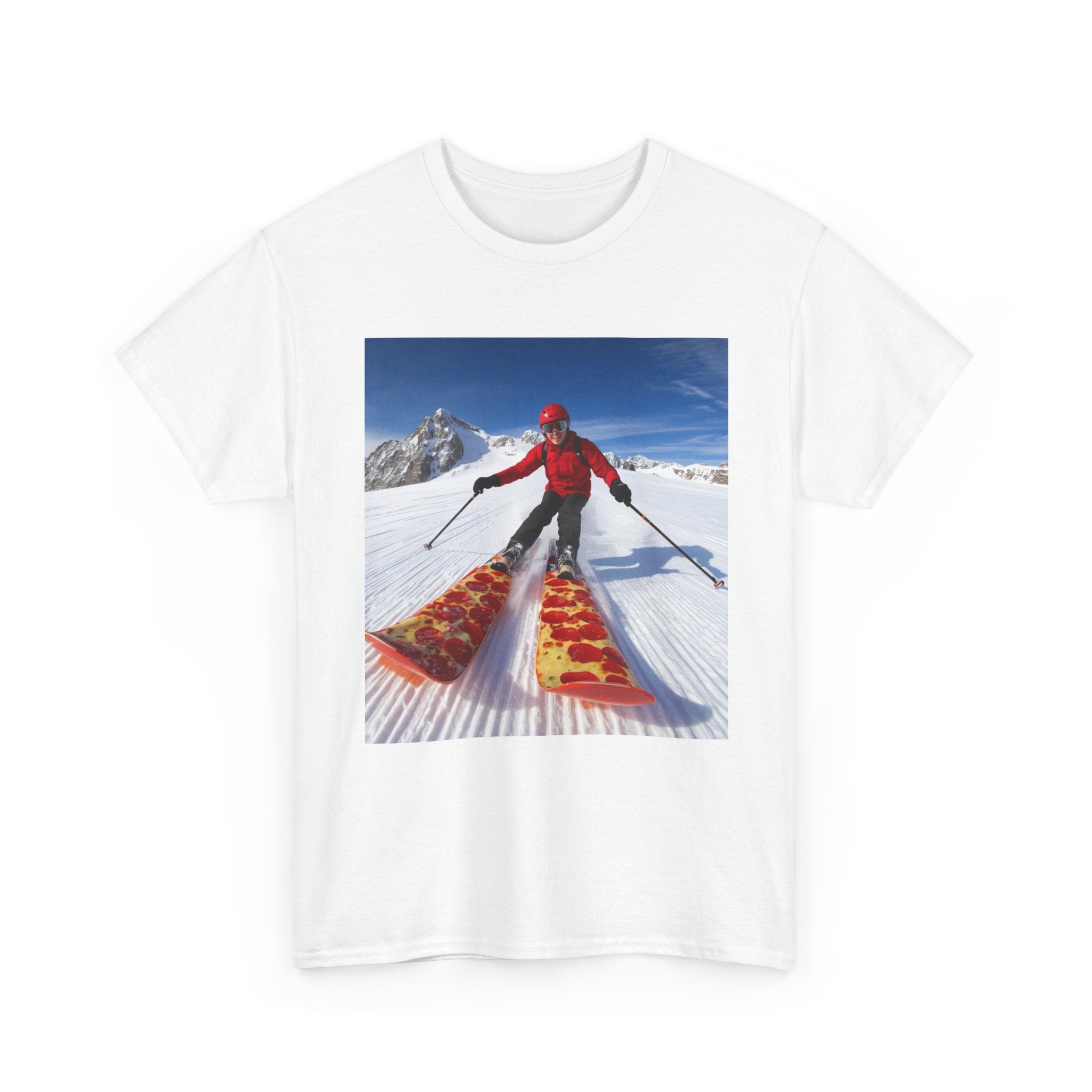 Pizza!!! Skiing Graphic Tee — Funny Pizza Skis Skiing T-Shirt