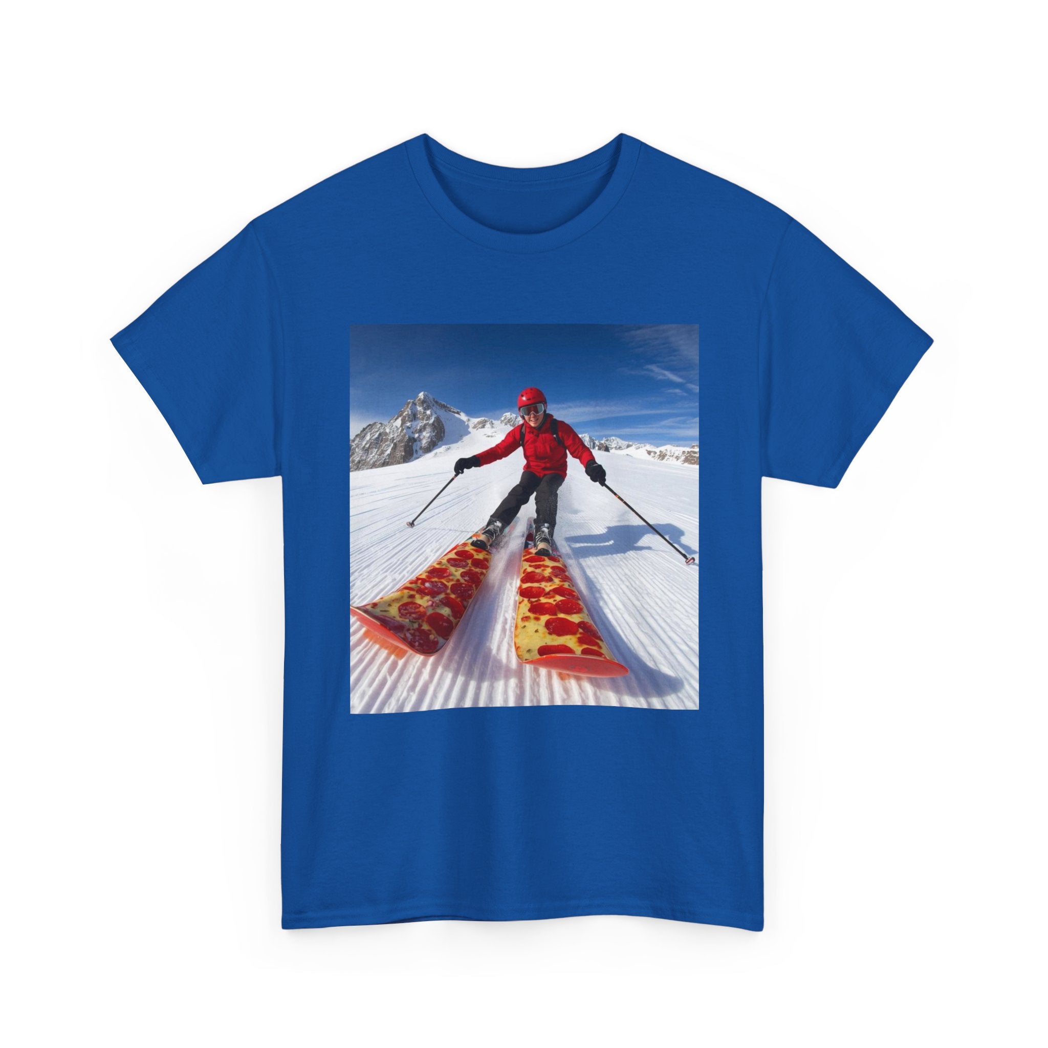 Pizza!!! Skiing Graphic Tee — Funny Pizza Skis Skiing T-Shirt