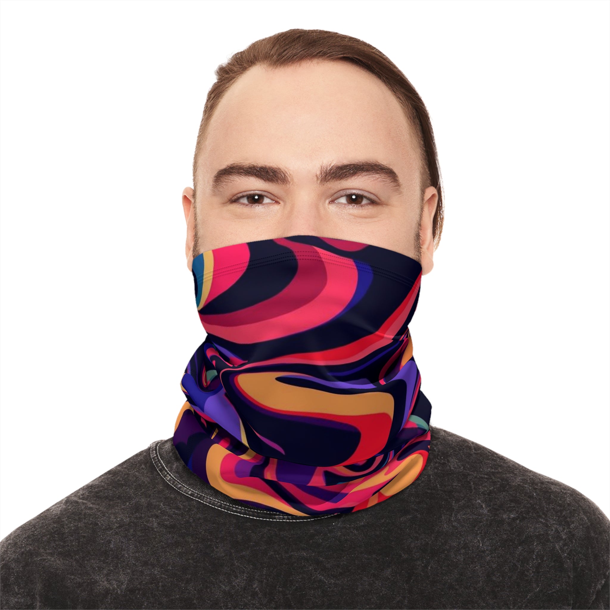 Colorful Swirl Winter Neck Gaiter with Drawstring — Retro Psychedelic Face Mask Scarf